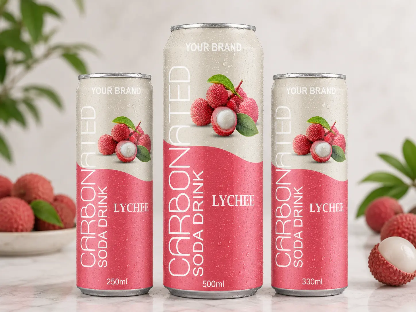 CARBONATED SODA DRINK Lychee flavour in 250ml, 500ml and 330ml cans.